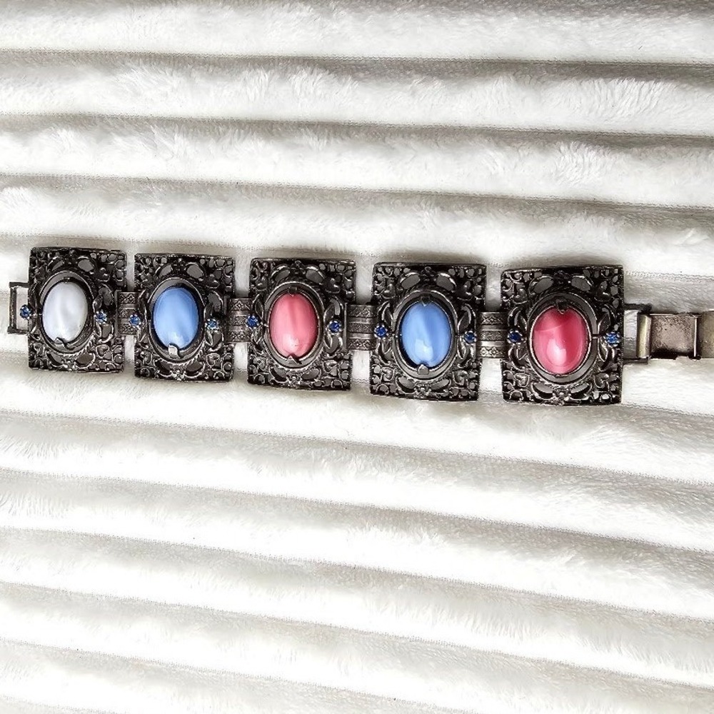 Vintage Opaline Glass Reversible Flip Cabochon Panel Bracelet 1950s 60s Rare